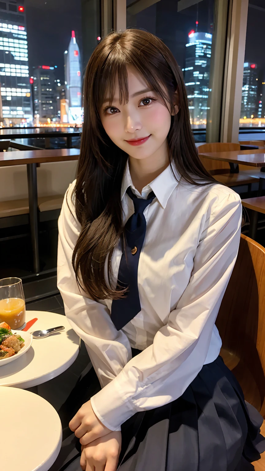 highest quality, masterpiece, 8K, ultra high resolution, (realistic: 1.4), beautiful face, symmetrical eyes, Japanese, 20 years old, brown hair, smile, wearing makeup, high-definition images, atmospheric perspective, super detail, accurate, best quality, (angle from under the table), Japanese School uniform, Pleated skirt:1.3) 1 girl, drooping eyes, sleepy face, blush, in the city, busy, skyscrapers, restaurant with large windows, takes a seat, night scene, windows have harbor view, foods, romantic dinner