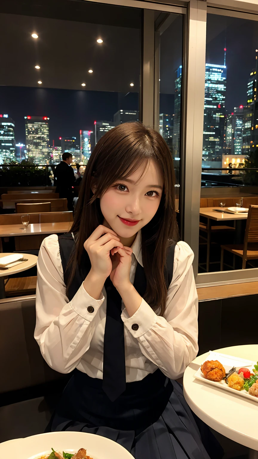 highest quality, masterpiece, 8K, ultra high resolution, (realistic: 1.4), beautiful face, symmetrical eyes, Japanese, 20 years old, brown hair, smile, wearing makeup, high-definition images, atmospheric perspective, super detail, accurate, best quality, (angle from under the table), Japanese School uniform, Pleated skirt:1.3) 1 girl, drooping eyes, sleepy face, blush, in the city, busy, skyscrapers, restaurant with large windows, takes a seat, night scene, windows have harbor view, foods, romantic dinner