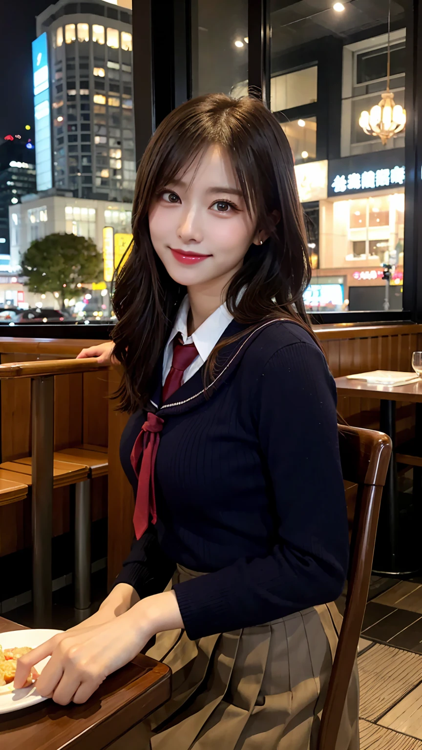 highest quality, masterpiece, 8K, ultra high resolution, (realistic: 1.4), beautiful face, symmetrical eyes, Japanese, 20 years old, brown hair, smile, wearing makeup, high-definition images, atmospheric perspective, super detail, accurate, best quality, (angle from under the table),  Japanese School uniform, Pleated skirt:1.3) 1 girl, drooping eyes, sleepy face, blush, in the city, busy, skyscrapers, restaurant with large windows, takes a seat,  night scene, windows have harbor view, foods, romantic dinner 