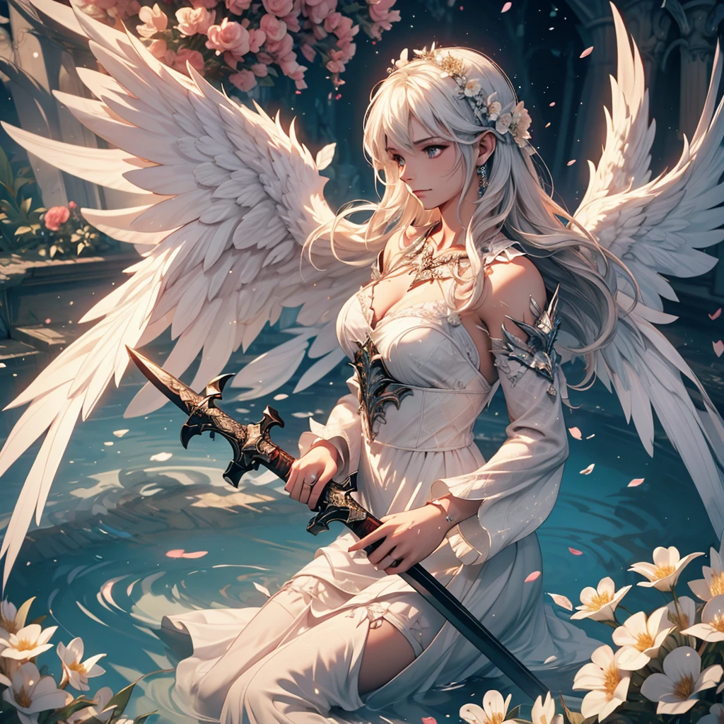 1 dark angel praying, knee down, wings, flowers and sword, view from her right side, splashed water, diamond, smoke, lolita white long dress, rage, bloody, 8k, hd, unreal engine, dreamy, romantic