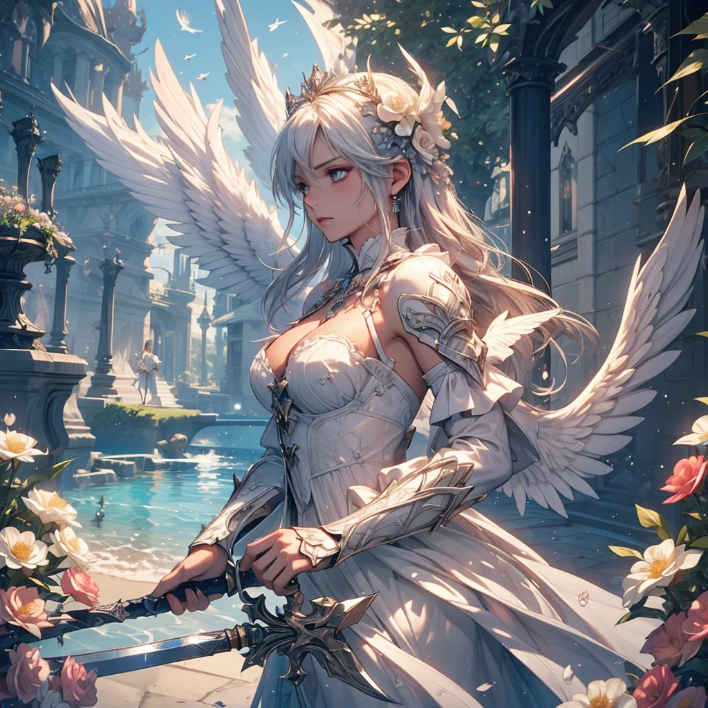 1 dark angel praying, knee down, wings, flowers and sword, view from her right side, splashed water, diamond, smoke, lolita white long dress, rage, bloody, 8k, hd, unreal engine, dreamy, romantic