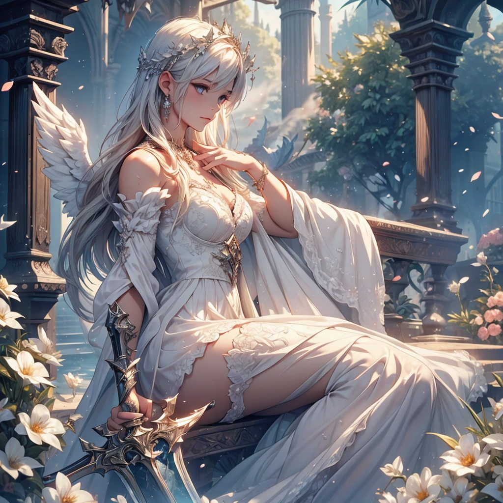 1 dark angel praying, knee down, wings, flowers and sword, view from her right side, splashed water, diamond, smoke, lolita white long dress, rage, bloody, 8k, hd, unreal engine, dreamy, romantic