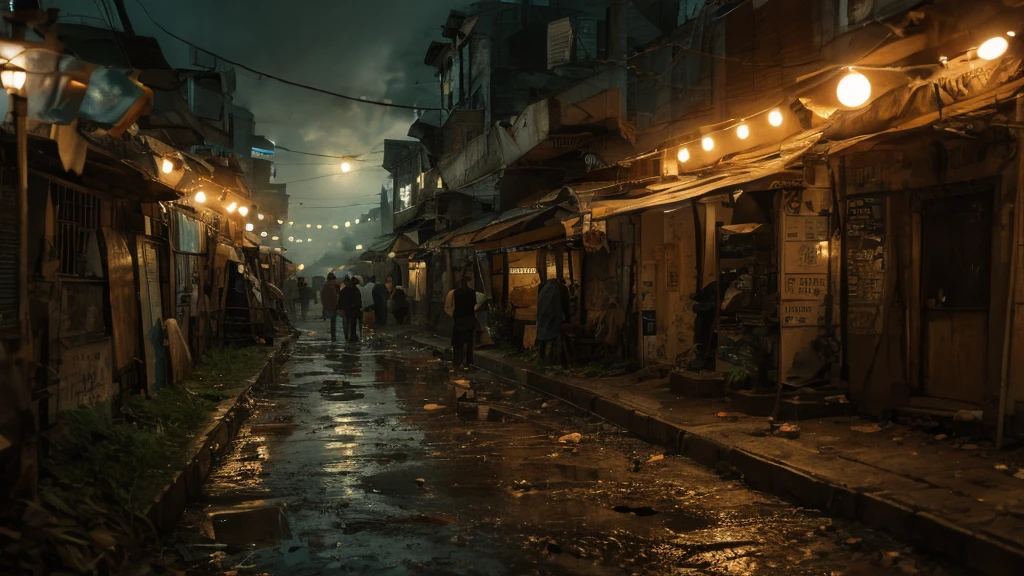 (Best quality,panorama,ultra detailed,A high resolution,masterpiece:1.2,)streets of the underground city, filled with people and gloomy green smoke,post-apocalyptic,