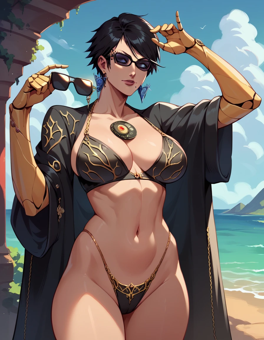  tall beautyfull woman, bayonetta shape, golden robotic arms, short black hair, golden earring, black panties, golden bracelet,sunglasses, slender body, natural body, milf, detailed, perfect face, black bra
