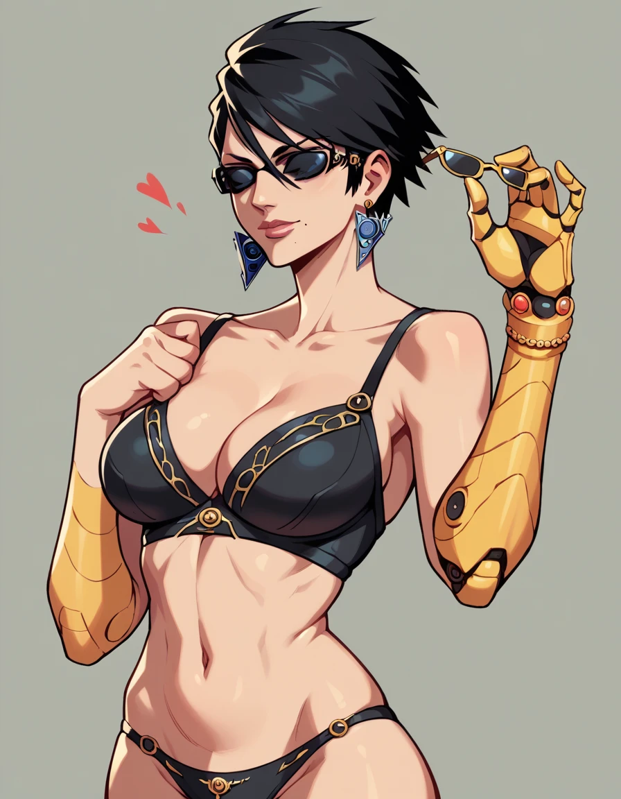  tall beautyfull woman, bayonetta shape, golden robotic arms, short black hair, golden earring, black panties, golden bracelet,sunglasses, slender body, natural body, milf, detailed, perfect face, black bra
