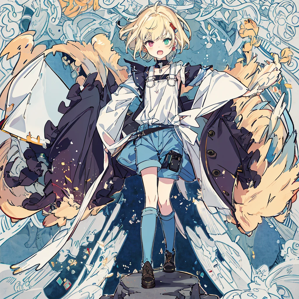 short cute male, very pale skin, beautiful eyes, perfect hands, heterochromia, one eye is red one eye is pink, long legs, narrow waist, perspective, short chin-length blonde hair with dyed pink tips, perfect hands, crossed bangs, vivid colors, best quality, high quality, short messy wavy hair, casual wear, overalls, loose sleeves, pale blue jean shorts, striped knee high socks, earring on left ear, fangs, :3, smug, CG image, splash art, high detail