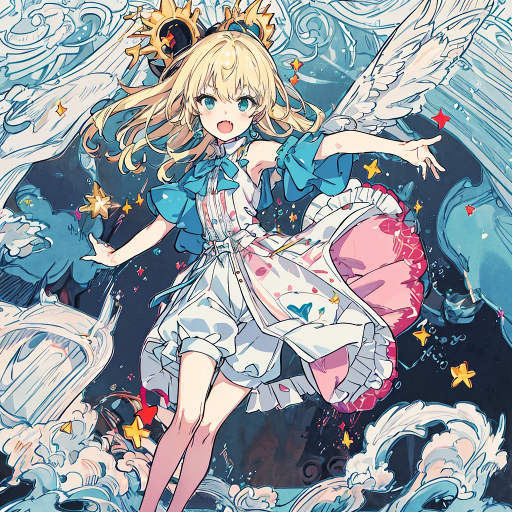 short cute male, very pale skin, beautiful eyes, perfect hands, heterochromia, one eye is red one eye is pink, long legs, narrow waist, perspective, short chin-length blonde hair with dyed pink tips, perfect hands, crossed bangs, vivid colors, best quality, high quality, short messy wavy hair, casual wear, overalls, loose sleeves, pale blue jean shorts, striped knee high socks, earring on left ear, fangs, :3, smug, CG image, splash art, high detail