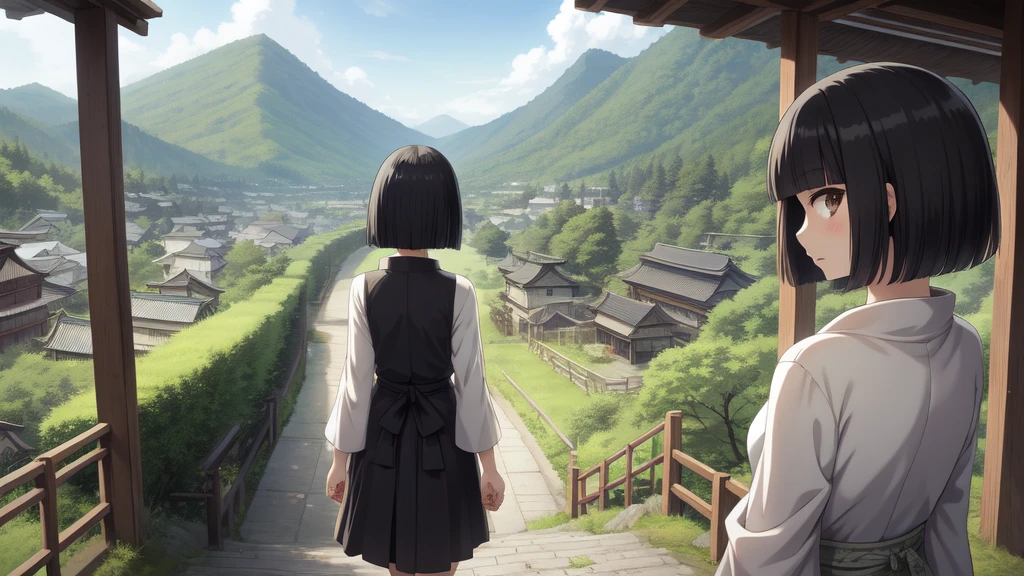 Back view, facing back, face not transferred (Yurukan anime) style girl. Japanese countryside, black hair bob cut,