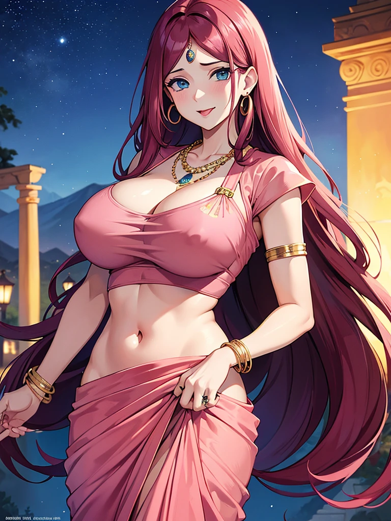 (absurderes, A high resolution, Ultra detailed, hdr), Masterpiece, Best quality, Portrait of an Indian uzumaki_kushina, extreme realistic very beautiful, animated style, closeup shot, anime in a(((pink))) indian dress (((saree))), long black wavy hair untied, head jewellery, necklace, earings, armlets, bangles and bracelets, rings, pleasant expression, bright big blue eyes, natural beauty, vibrant colors,night sky, romantic, soft lighting, vintage aesthetic,huge breast,navel, cleavage ,standing ,mouth open, saliva,tongue out,face on front