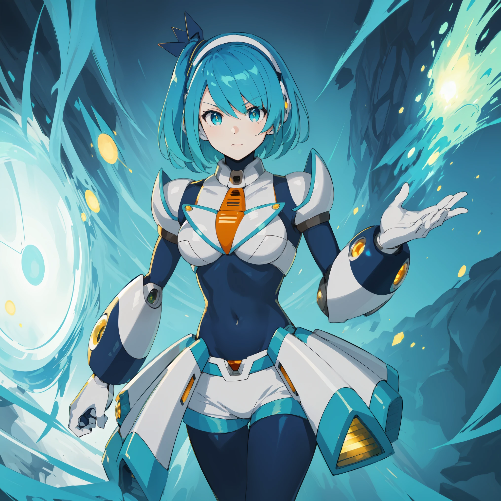 rico_megamanxdive, 1girl, solo, blue eyes, short hair, blue hair, android, high quality, masterpiece, standing with green flames coming from a tree