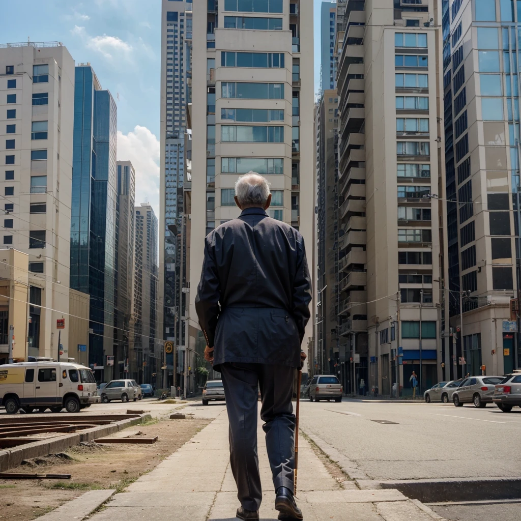 An image of a retired man in his 70s looking back, well dressed with a cane constructing a block of buildings with tall construction cranes