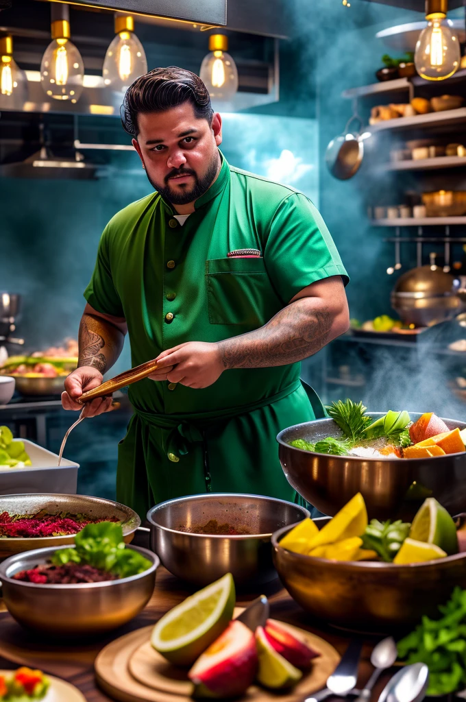 a tropical man, a man in a chef uniform, a male chef, a cook, detailed face, detailed eyes, detailed skin, detailed clothing, highly detailed, photorealistic, 8k, high resolution, masterpiece, cinematic lighting, vibrant colors, moody lighting, dramatic shadows, fantasy, fat build, dynamic pose, tropical environment, lush vegetation, vines, exotic fruits, steam rising, delicious food on a table, intricate details, ornate patterns, rich textures
