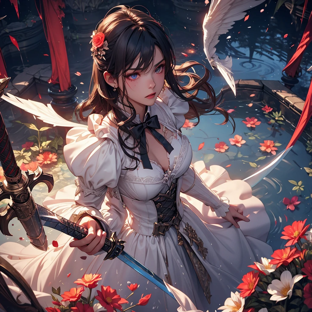 1 dark angel, flowers and sword, splashed water, dimaond, smoke, lolita long dress, rage, bloody, 8k, hd, unreal engine, dreamy, romantic