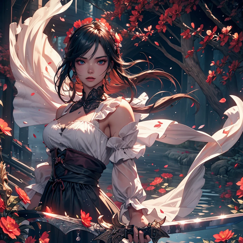 1 dark angel, flowers and sword, splashed water, dimaond, smoke, lolita long dress, rage, bloody, 8k, hd, unreal engine, dreamy, romantic