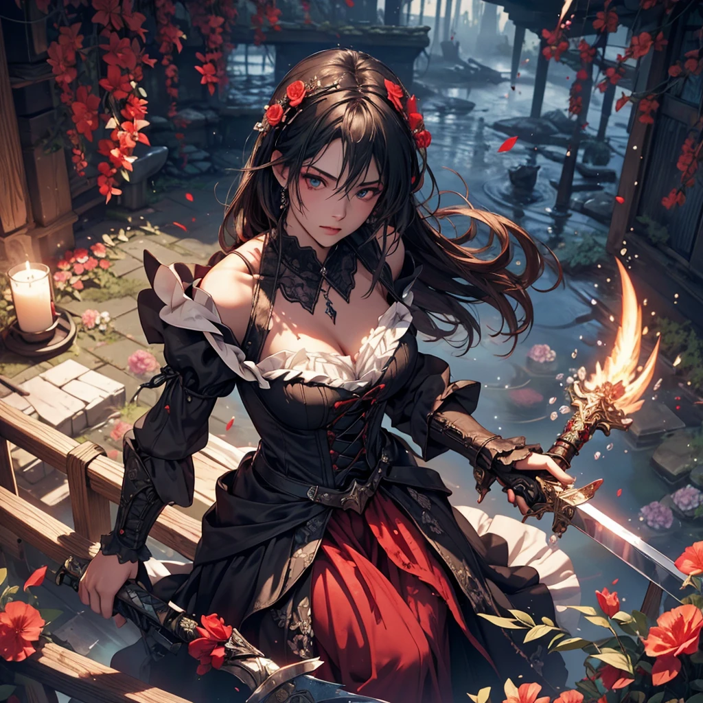 1 dark angel, flowers and sword, splashed water, dimaond, smoke, lolita long dress, rage, bloody, 8k, hd, unreal engine, dreamy, romantic