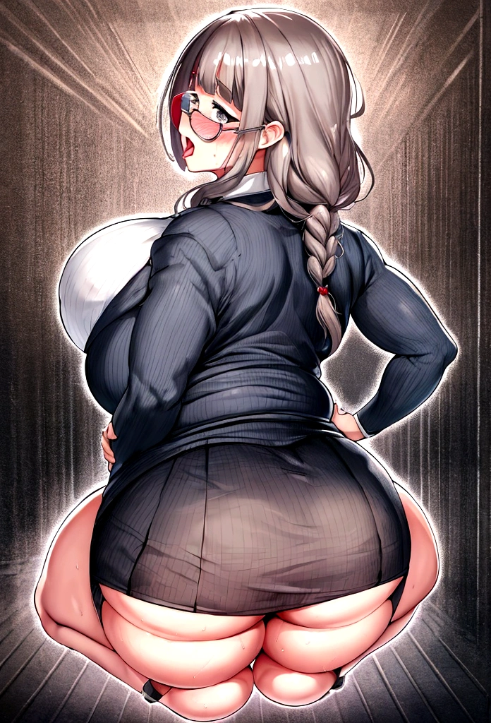 Anime-style image of a woman wearing a short skirt and glasses, hyperRealistic , a hyperRealistic , chic, Realistic , , Gwaiz, artwork in the style of Gwaiz, [ 4k digital art ]!!, Short full body portrait!,(masterpiece), (One serious civil service commissioner: 1.3), (Super thick and plump body: 1.3), (Huge breasts and buttocks)), (Small Head: 1.2), (Very small uniform)), (Shiny skin: 1.2), (A speech while crouching in the stands in the schoolyard in the morning)), {fat},1boy, penis, doggystyle, from behind, spreadassms, chubby body, fat body, short,ultra detailed, masterpiece, best quality, blush, a woman, rolling eyes, open mouth, school girl, wearing , wearing glasses, classroom, sunset, light particles, hdr, brown grey hair, midium wavy hair, shiny hair, bang, single braid, clear grey eyes, Smiling Kiss, Tongue Out, アニメ ,orgasm face, sexual climax, bitch, back shot, back view, low angle, from below, back view, arched back, looking back, all fours, chubby body, BIG ASS , saliva, BBW, slender waist, anal, seiza, hands on head,white eyes, Hand Drawn, Showing Ass, Bobcut, Knee socks, (Super thick and plump body: 1.3), Butt sticking out, Close your legs, seiza, spread legs, pleated skirt, Stretch your arms back, long pleated skirt, I can&#39;t see your butt, Buttocks hide, Arms folded behind back, Super big butt, Awesome numbness , Plump , Chubby, Butt sticking out,