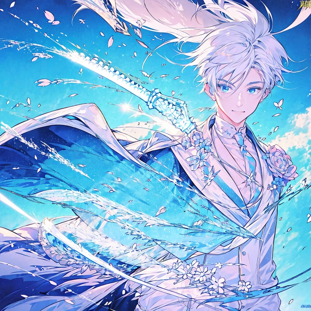 masterpiece , best quality ,suit , ice , sword , anime , sky , glass , cool , king, 1boy, white hair, blue eyes, White suit