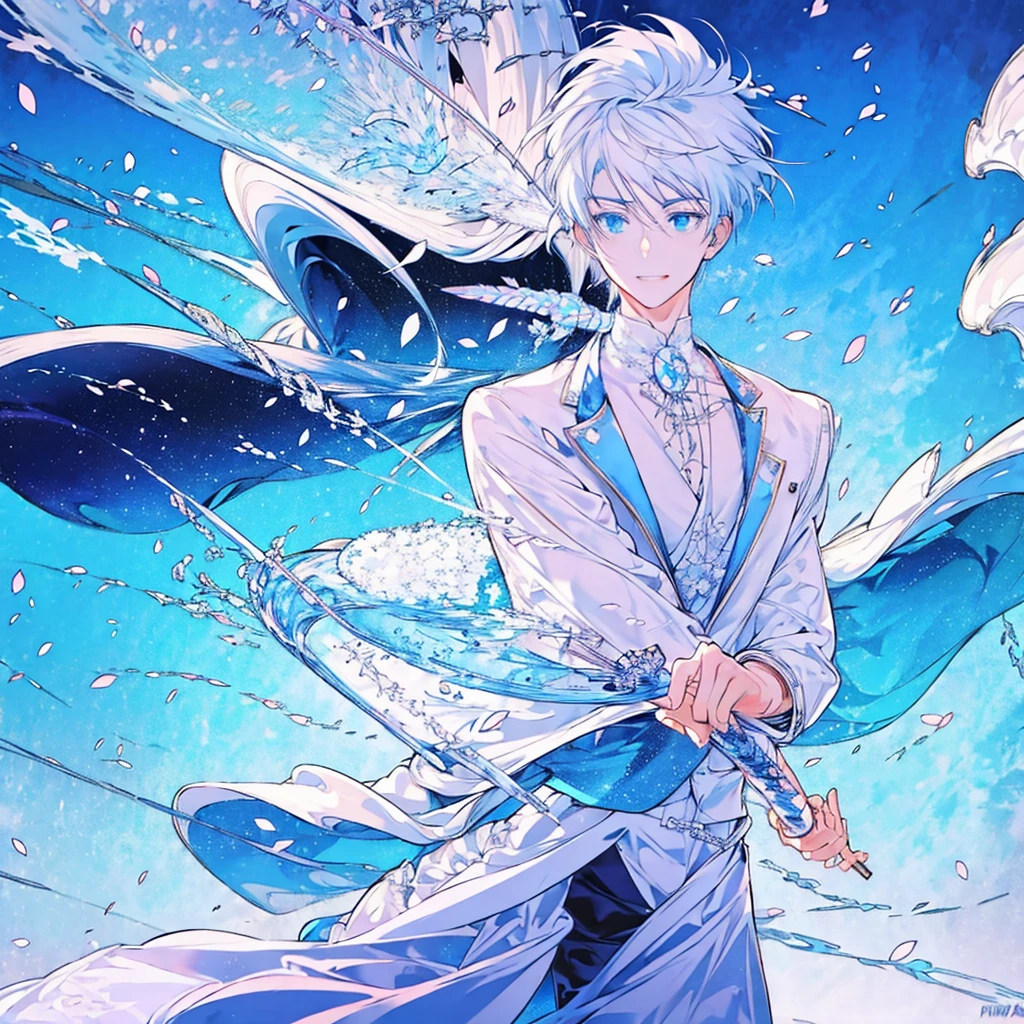 masterpiece , best quality ,suit , ice , sword , anime , sky , glass , cool , king, 1boy, white hair, blue eyes, White suit