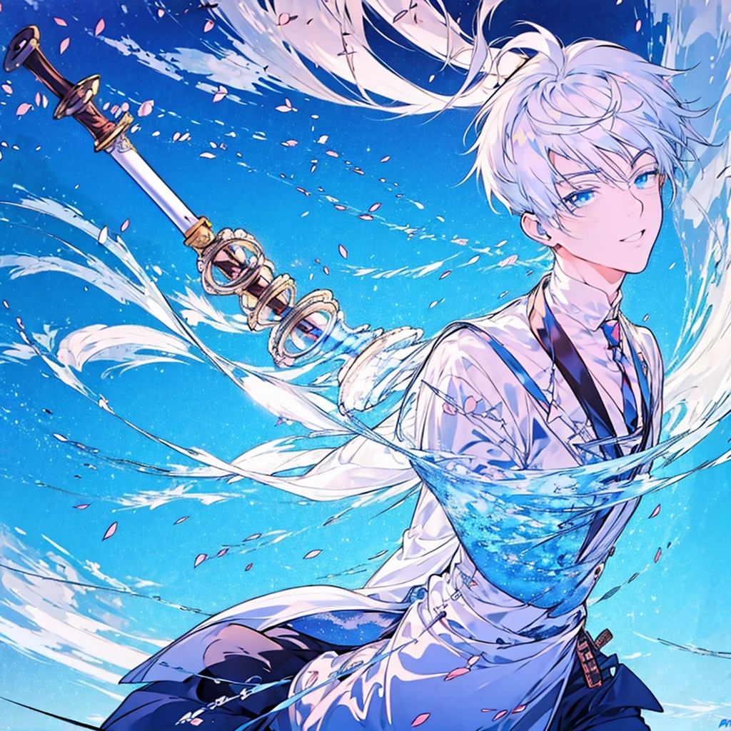 masterpiece , best quality ,suit , ice , sword , anime , sky , glass , cool , king, 1boy, white hair, blue eyes, White suit
