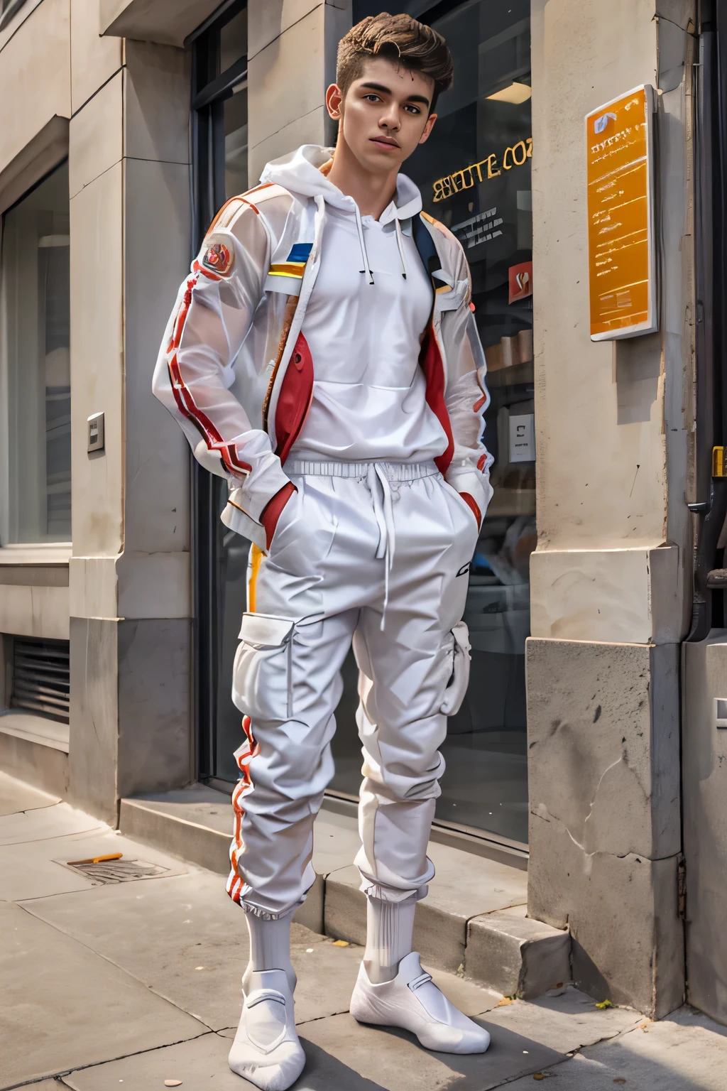 Full body shot of a young Spanish male standing wearing white socks,White skin,hands in pants pockets,Wearing only white socks,Transparent clothes, No shoes,Twenty-year-old