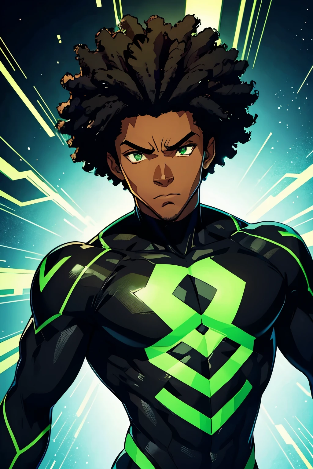 generate a black american with afro, speedster with a green and black suit, his logo on his chest is lighting, he has afro hair, and has green eyes, comic style anime bold lines