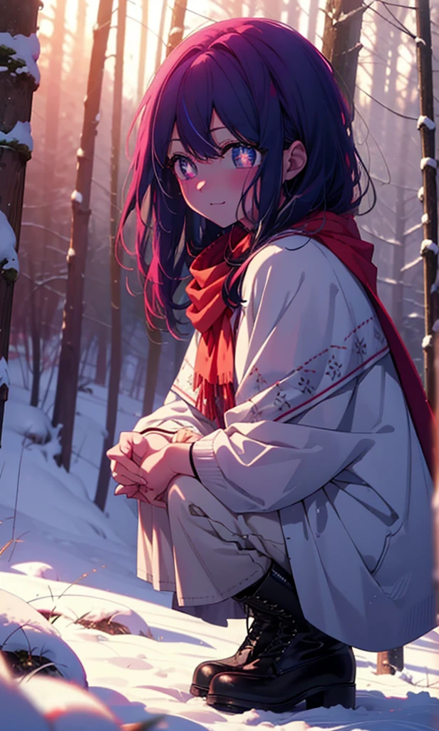 aihoshino, Ai Hoshino, Long Hair, bangs, (Purple eyes:1.1), Purple Hair, (Symbol-shaped pupil:1.5), smile,,smile,blush,White Breath,
Open your mouth,snow,Ground bonfire, Outdoor, boots, snowing, From the side, wood, suitcase, Cape, Blurred, , forest, White handbag, nature,  Squat, Mouth closed, Cape, winter, Written boundary depth, Black shoes, red Cape break looking at viewer, Upper Body, whole body, break Outdoor, forest, nature, break (masterpiece:1.2), Highest quality, High resolution, unity 8k wallpaper, (shape:0.8), (Beautiful and beautiful eyes:1.6), Highly detailed face, Perfect lighting, Extremely detailed CG, (Perfect hands, Perfect Anatomy),