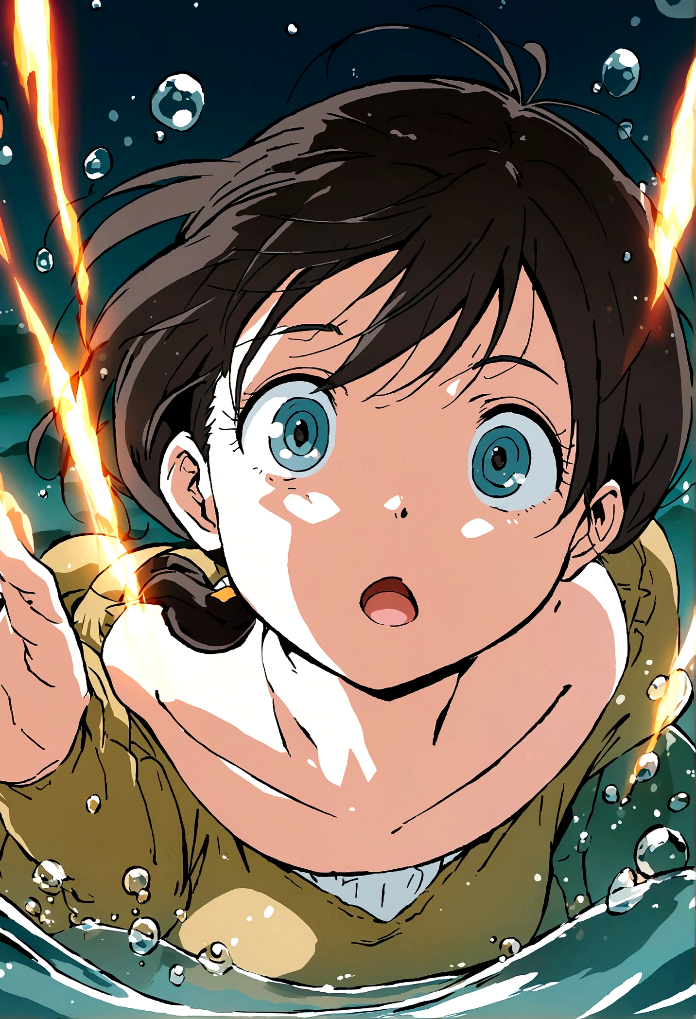 Sinking into water，Girl，bubble，Black Hair，Single ponytail，close up，(Illustration style，Miyazaki animation style)