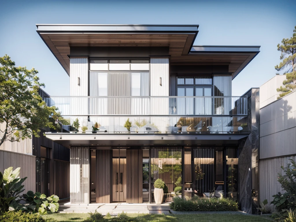 RAW photo, subject, 8k uhd, dslr, soft lighting, high quality, film grain, Photo of a modern villa, modern architecture, simple facade, glass railing, trees, skylight, palm tree, gray stone walling, wooden, (realistic:1.4), (masterpiece:1.4), ceiling wood, (white painted wall:1.3), (daylight:1.4), (sunlight:1.4) yard, grass