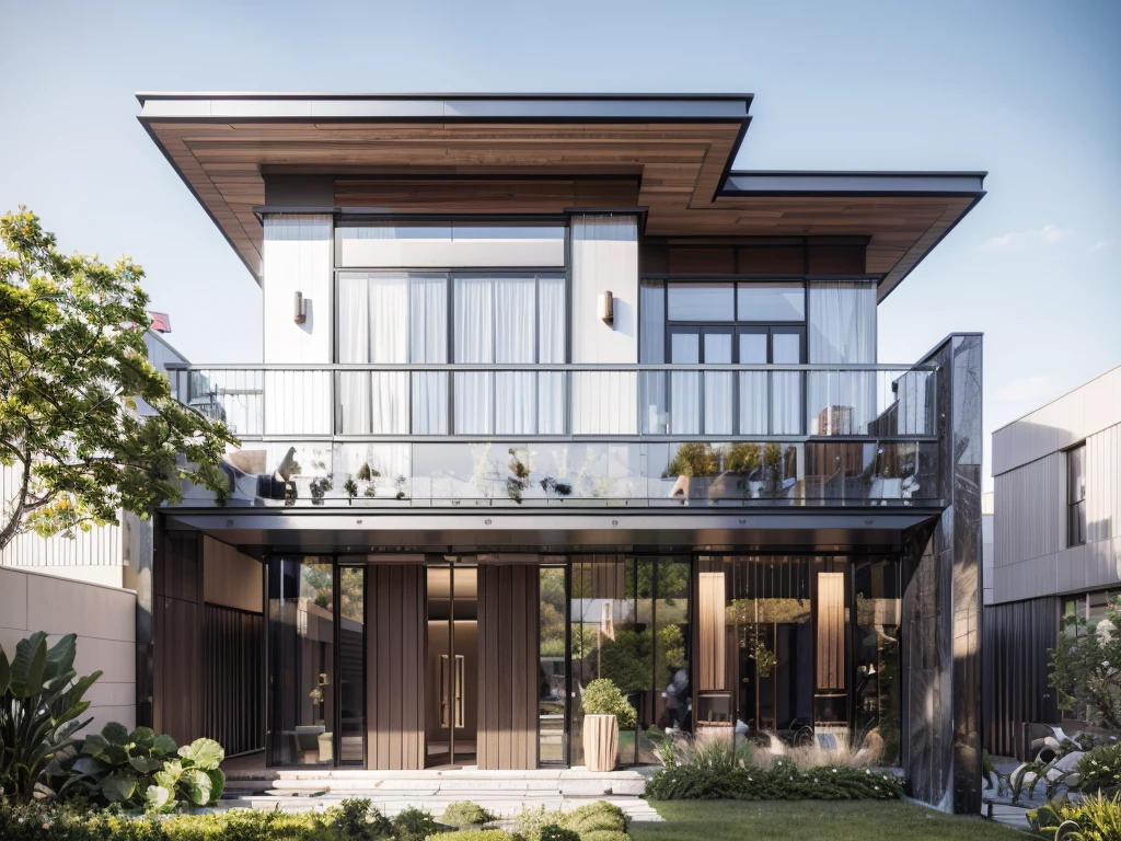 RAW photo, subject, 8k uhd, dslr, soft lighting, high quality, film grain, Photo of a modern villa, modern architecture, simple facade, glass railing, trees, skylight, palm tree, gray stone walling, wooden, (realistic:1.4), (masterpiece:1.4), ceiling wood, (white painted wall:1.3), (daylight:1.4), (sunlight:1.4) yard, grass