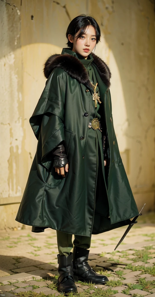 yuichiro hyakuya, (WithoutFear:1), 1 boy, black hair, green eyes, brown coat, gray armor, green shield, green cloak, dark brown gloves, town, fur trim, anime, standing, good quality, portrait, looking at viewer