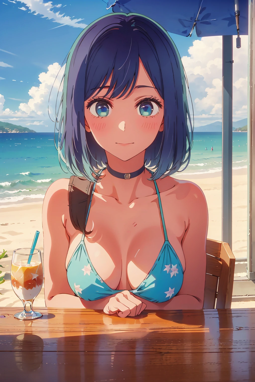 (Highest quality:1.4、masterpiece:1.uper detailed:1.4、8K:1.4)、((((1 person、Surprised expression、sit、Outdoor café terrace、coastal、juice、table、Sandy Beach、juiceのグラスを持つ、Micro Bikini、Very soft boog eyes、Very cute face))))、F cup bust、Medium breast、