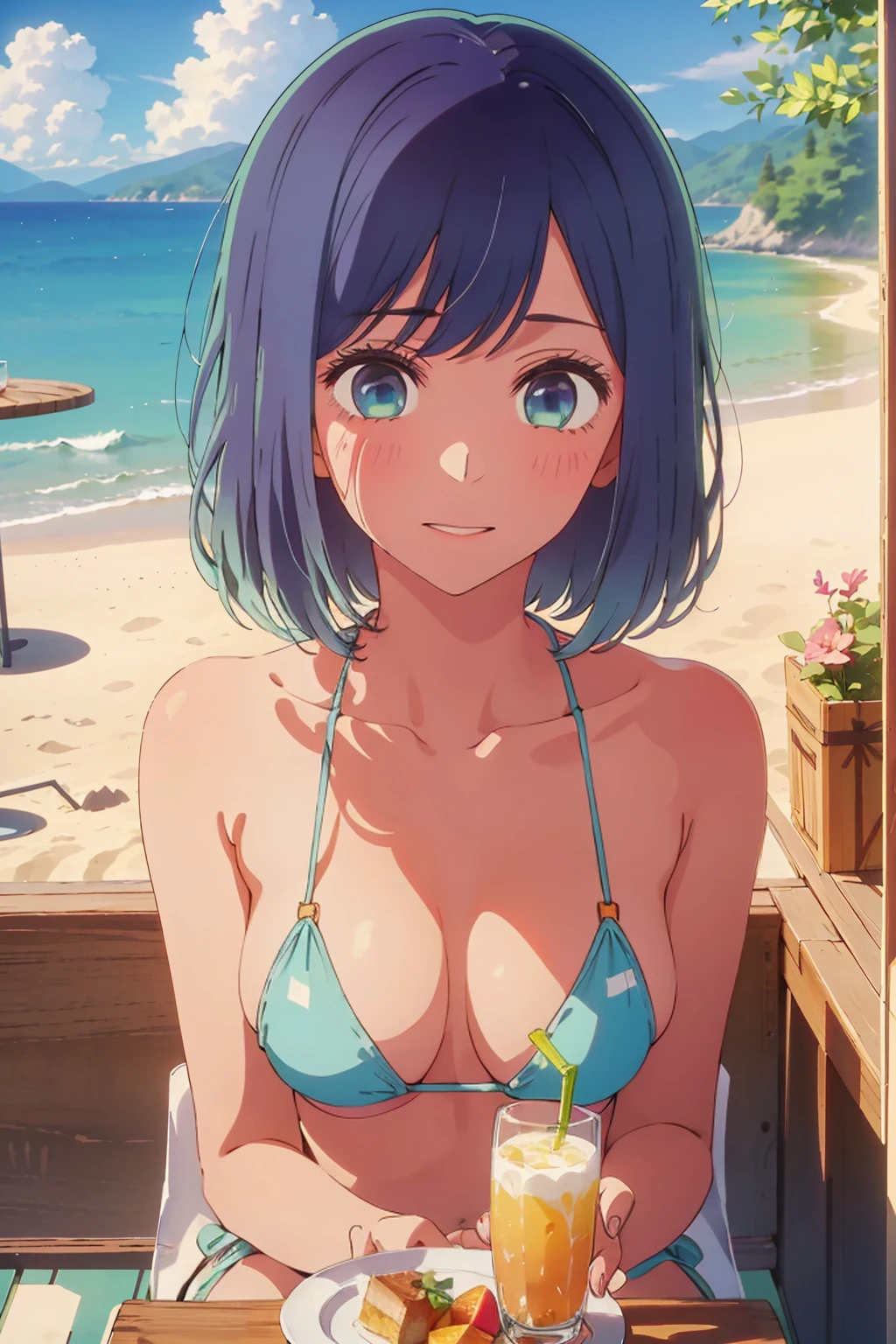 (Highest quality:1.4、masterpiece:1.4、Super detailed:1.4、8K:1.4)、((((1 person、Surprised expression、sit、Outdoor café terrace、coastal、juice、table、Sandy Beach、juiceのグラスを持つ、Micro Bikini、Very soft boobs、Big eyes、Very cute face))))、F cup bust、Medium breast、