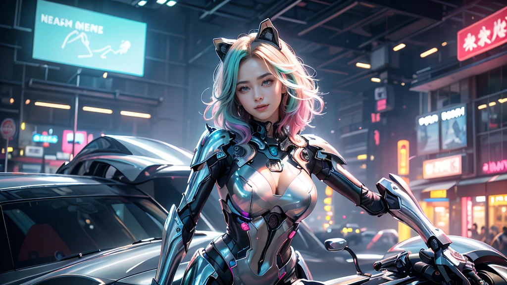 （Real engine:1.4,Ultra-high resolution,La Highest quality:1.4, Realistic:1.4, Skin Texture:1.4, masterpiece:1.8,masterpiece, Highest quality）, One Girl, Ives Girl, Mecha, Beautiful lighting, (Neon Light: 1.2), (evening: 1.5), "masterpiece, Highest quality, 1 Girl, Full body portrait, Sensual pose, ojos greenes, Multicolored Hair+payment:1.3+Rosado:1.3+green:1.3, Sculpted legs and seductive curves, ,Medium milk beautiful milk, Beautiful Face, lots of water droplets, cloud, evening, Open Floor Plan, watercolor, Neon Light:1.2, evening:1.5, Mecha, Beautiful lighting, Bright Neon Light: 1.2, An unforgettable and mysterious night: 1.5",,Beautiful and slender hands、（Big eyes、Well-formed face）smile