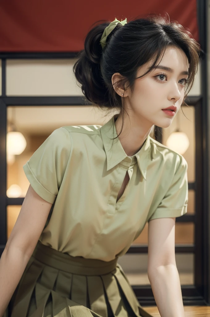 (((best quality))),(((ultra detailed))),(((masterpiece))),illustration,((1 beautiful young girl,female soldier,solo)),(short black ponytail:1.2),((slim,thin)),((small breasts,flat chest)),determined,professional,demeanor,(light green collared short-sleeved shirt:1.3),(dark green pleated skirt:1.2),(slender legs:1.2),military,affiliation,background,military conference room,walls,maps,battlefields,strategic points,markings,(large red flag),nation's unity,strength,seriousness,planning,important discussion,rigid posture,focused expression,confidence,respectability,bright intense eyes,analyzing situation,contribute thoughts,ideas,charm,powerful,intense atmosphere,freezes moment in time,essence,striking appearance,(night scene:1.2),((from front,upper body))
