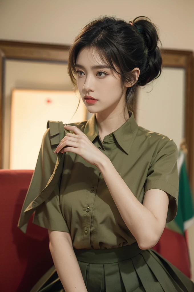 (((best quality))),(((ultra detailed))),(((masterpiece))),illustration,((1 beautiful young girl,female soldier,solo)),(short black ponytail:1.2),((slim,thin)),((small breasts,flat chest)),determined,professional,demeanor,(light green collared short-sleeved shirt:1.3),(dark green pleated skirt:1.2),(slender legs:1.2),military,affiliation,background,military conference room,walls,maps,battlefields,strategic points,markings,(large red flag),nation's unity,strength,seriousness,planning,important discussion,rigid posture,focused expression,confidence,respectability,bright intense eyes,analyzing situation,contribute thoughts,ideas,charm,powerful,intense atmosphere,freezes moment in time,essence,striking appearance,(night scene:1.2),((from front,upper body))