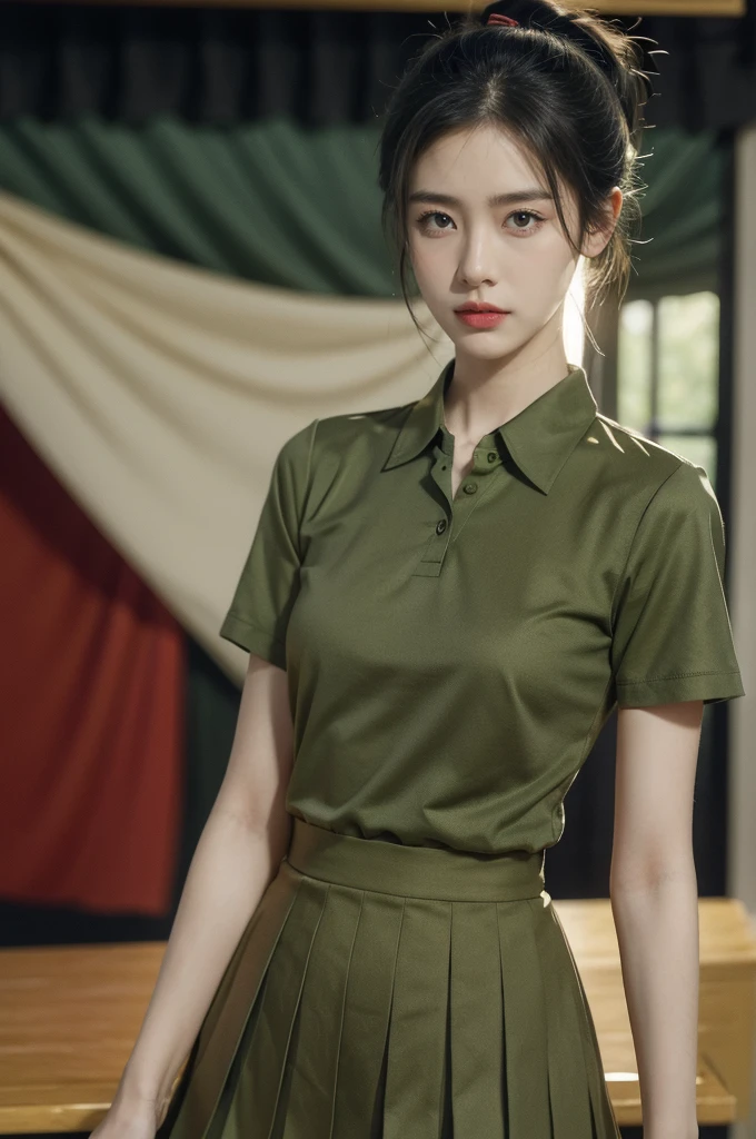 (((best quality))),(((ultra detailed))),(((masterpiece))),illustration,((1 beautiful young girl,female soldier,solo)),(short black ponytail:1.2),((slim,thin)),((small breasts,flat chest)),determined,professional,demeanor,(light green collared short-sleeved shirt:1.3),(dark green pleated skirt:1.2),(slender legs:1.2),military,affiliation,background,military conference room,walls,maps,battlefields,strategic points,markings,(large red flag),nation's unity,strength,seriousness,planning,important discussion,rigid posture,focused expression,confidence,respectability,bright intense eyes,analyzing situation,contribute thoughts,ideas,charm,powerful,intense atmosphere,freezes moment in time,essence,striking appearance,(night scene:1.2),((from front,upper body))