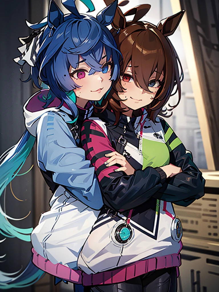 (​top-quality、hight resolution), Create an image of LoRa①'s character and LoRa②'s character embracing each other warmly. The scene should convey a sense of affection and intimacy, with both characters displaying expressions of comfort and happiness. The background can be a neutral setting to focus on the emotional connection between the two characters. Twin_Turbo_Umamusume, aqua hair, twintails, heterochromia, purple eyes, blue eyes, sharp teeth, multicolored hoodie, black leggings, agnes tachyon (umamusume)
