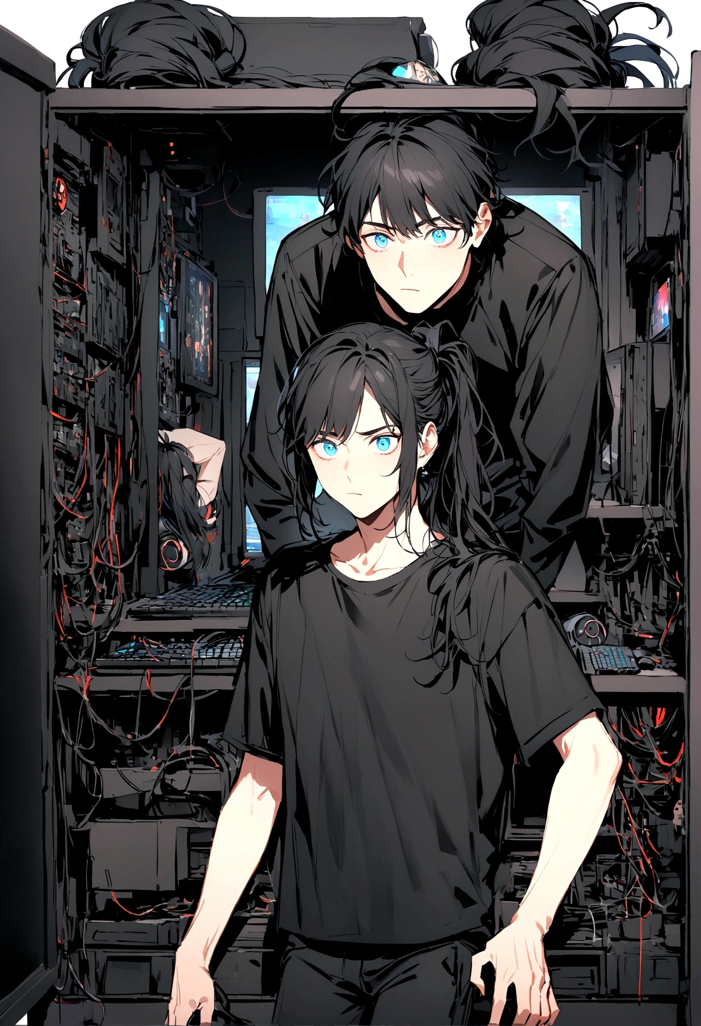 Create an image of a man with long black hair, Someone stuck in a ponytail. He is dressed in black, Includes black t-shirt and black pants. He has blue eyes and an expression of boredom. Behind him, Has 3 monitors and a gaming PC. The image must be very detailed, Show hair details, Clothing and computer equipment.