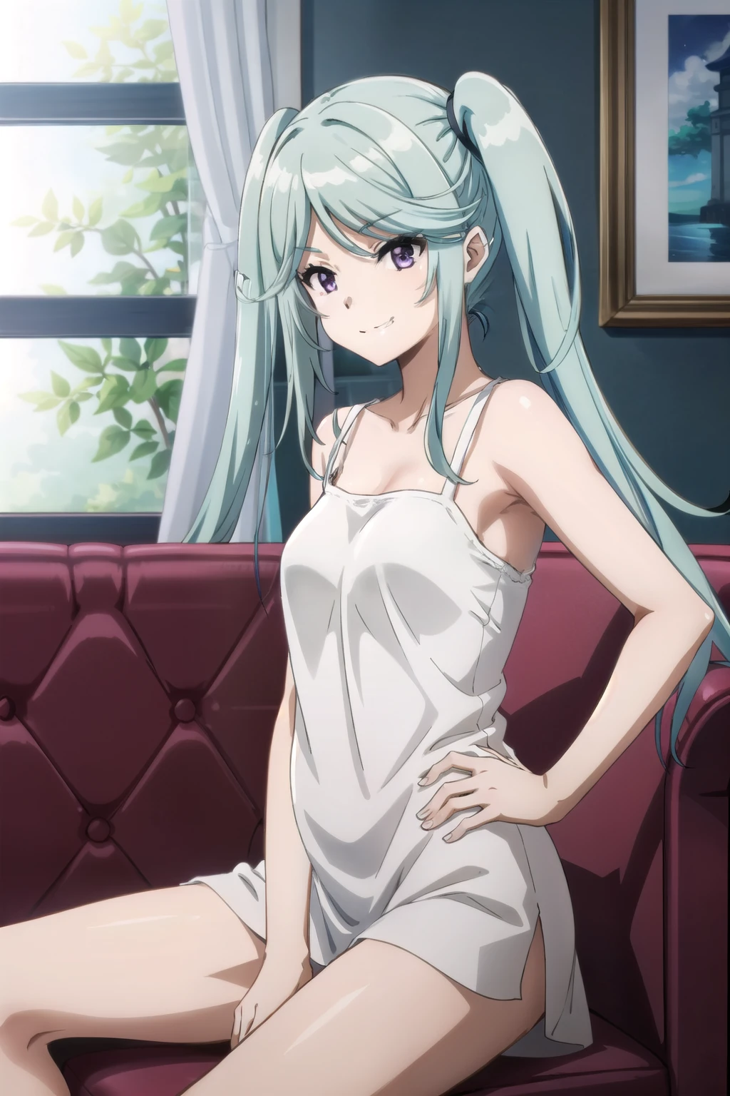 One girl, Purple eyes, Blue Hair, Twin tails, Side Lock, Long Hair, very Long Hair, bangs, medium breastst, expensive body, Long legs, smile, (white camisole), bangs, Mouth closed, cowboy shot, sitting on sofa, spread legs, put hands on hips, indoor