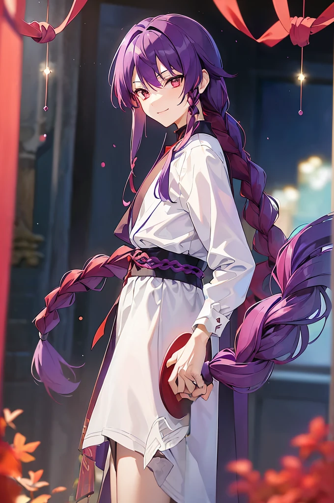 (((Purple Hair、Dye the inside of your hair red、Long Hair、Knot、Braid、Bright red eyes)))A man wearing a black robe、Smiling young man、Man standing facing forward、(((A boy standing with a stick)、(White background)、{{masterpiece}}, The best quality of life