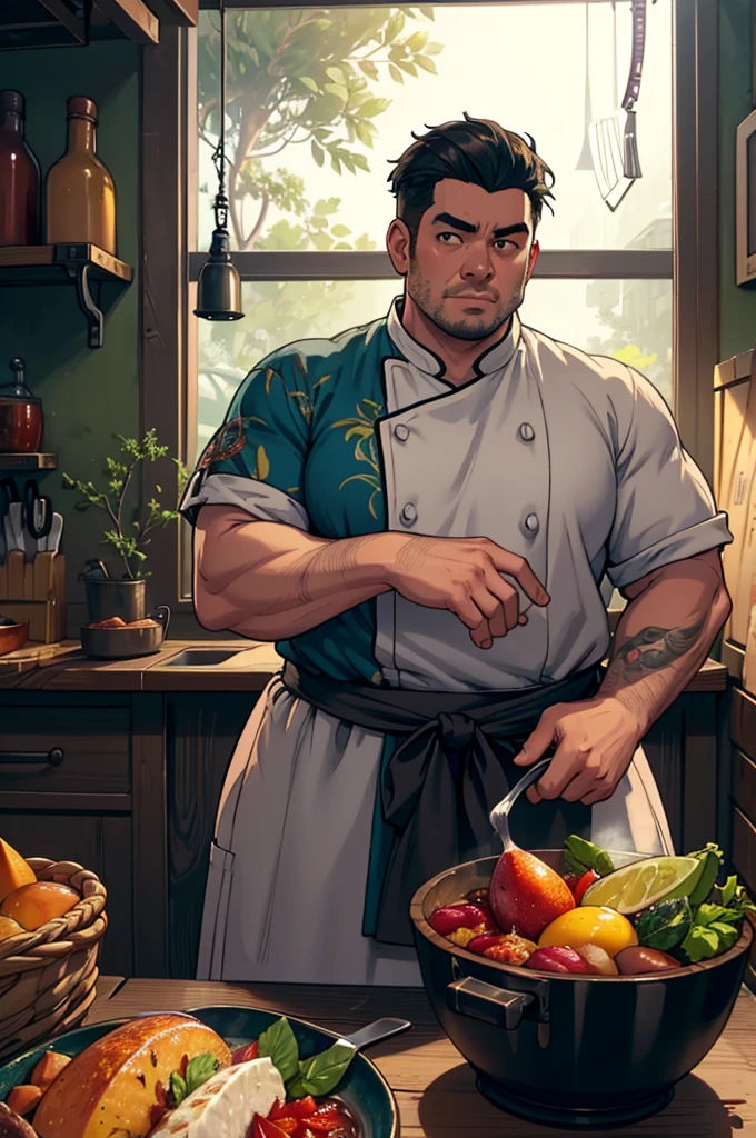 a tropical man, a man in a chef uniform, a male chef, a cook, detailed face, detailed eyes, detailed skin, detailed clothing, highly detailed, photorealistic, 8k, high resolution, masterpiece, cinematic lighting, vibrant colors, moody lighting, dramatic shadows, fantasy, very fat build, dynamic pose, tattoos, tropical environment, lush vegetation, vines, exotic fruits, steam rising, delicious food on a table, intricate details, ornate patterns, rich textures
