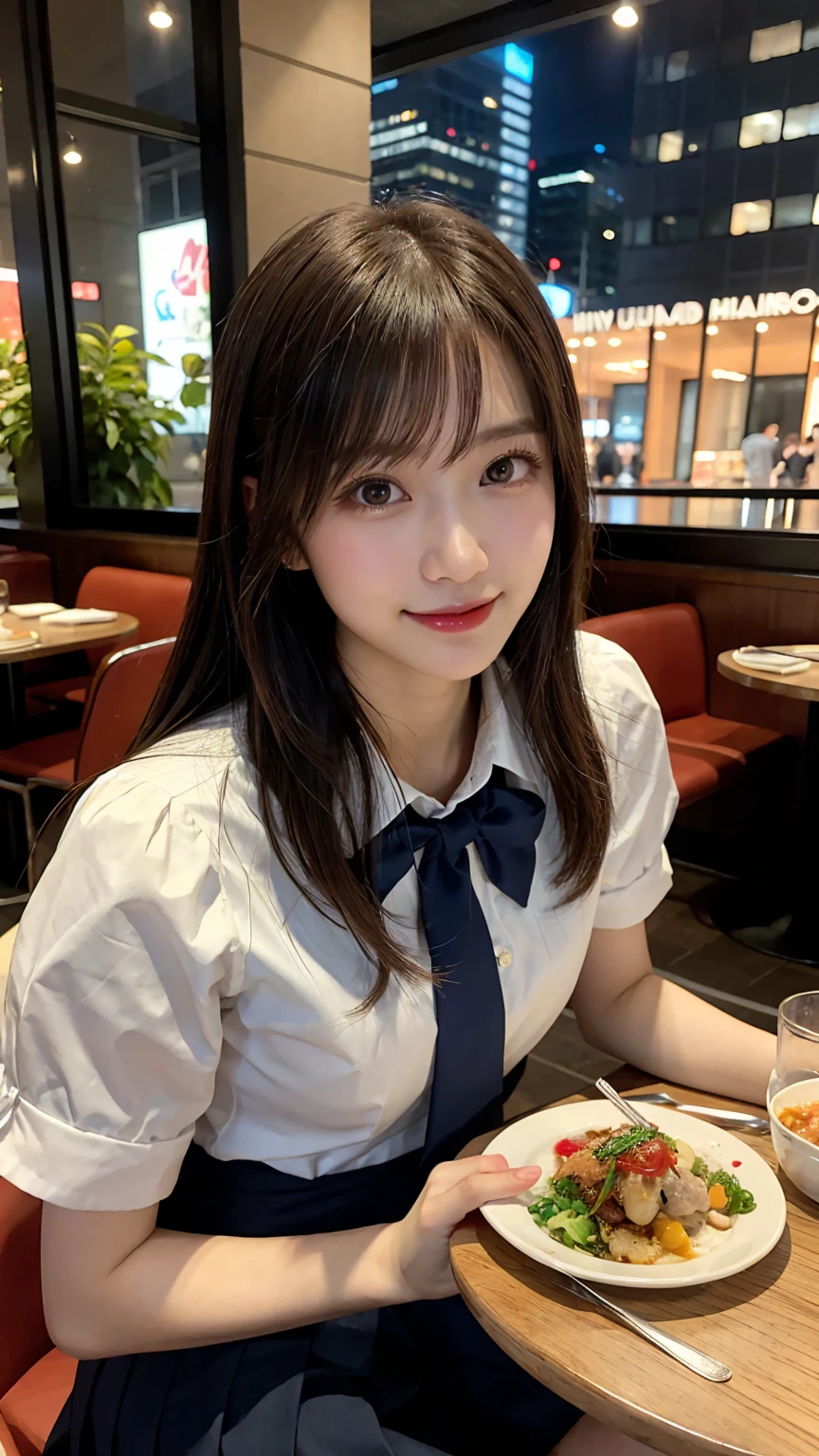 highest quality, masterpiece, 8K, ultra high resolution, (realistic: 1.4), beautiful face, symmetrical eyes, Japanese, 20 years old, brown hair, smile, wearing makeup, high-definition images, atmospheric perspective, super detail, accurate, best quality, (angle from under the table),  Japanese School uniform, Pleated skirt:1.3) 1 girl, drooping eyes, sleepy face, blush, in the city, busy, skyscrapers, restaurant with large windows, takes a seat,  night scene, windows have harbor view, foods, romantic dinner 