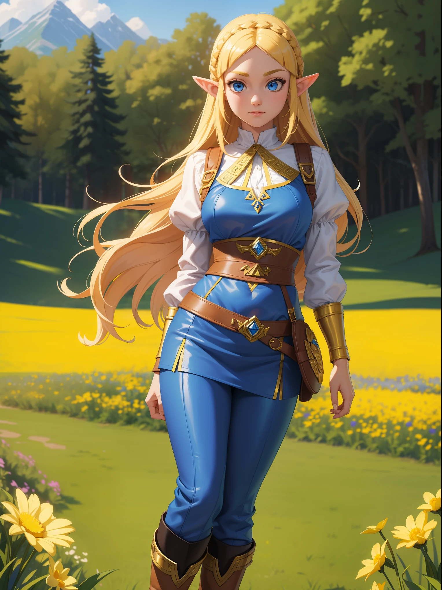 masterpiece, best quality, 1girl, solo, Princess Zelda, long blonde hair, blue eyes, blue quilted blouse with gold detailing, fitted pants, and thick leather boots, epic color palette, 12k resolution, flower field background