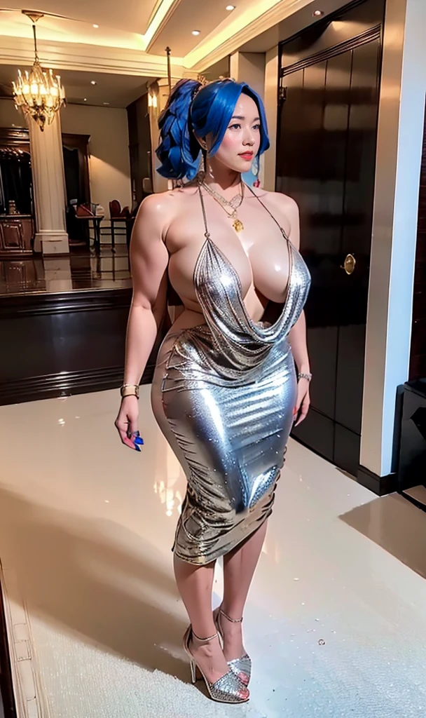 (8k, 4k, best quality, highres, ultra high res:1.1), (masterpiece, realistic, photo-realistic:1.1), Femme fatale（1girl）The body is voluptous and curvy，massive huge breasts, wide breedable hips, thick toned flawless thighs, blue hair, silver luxury heels, (arms behind head:1.3), (((in themiddle of luxurious socialite  hall:1.3))), full body to boot, surroinded by (((male crowds:1.4)))