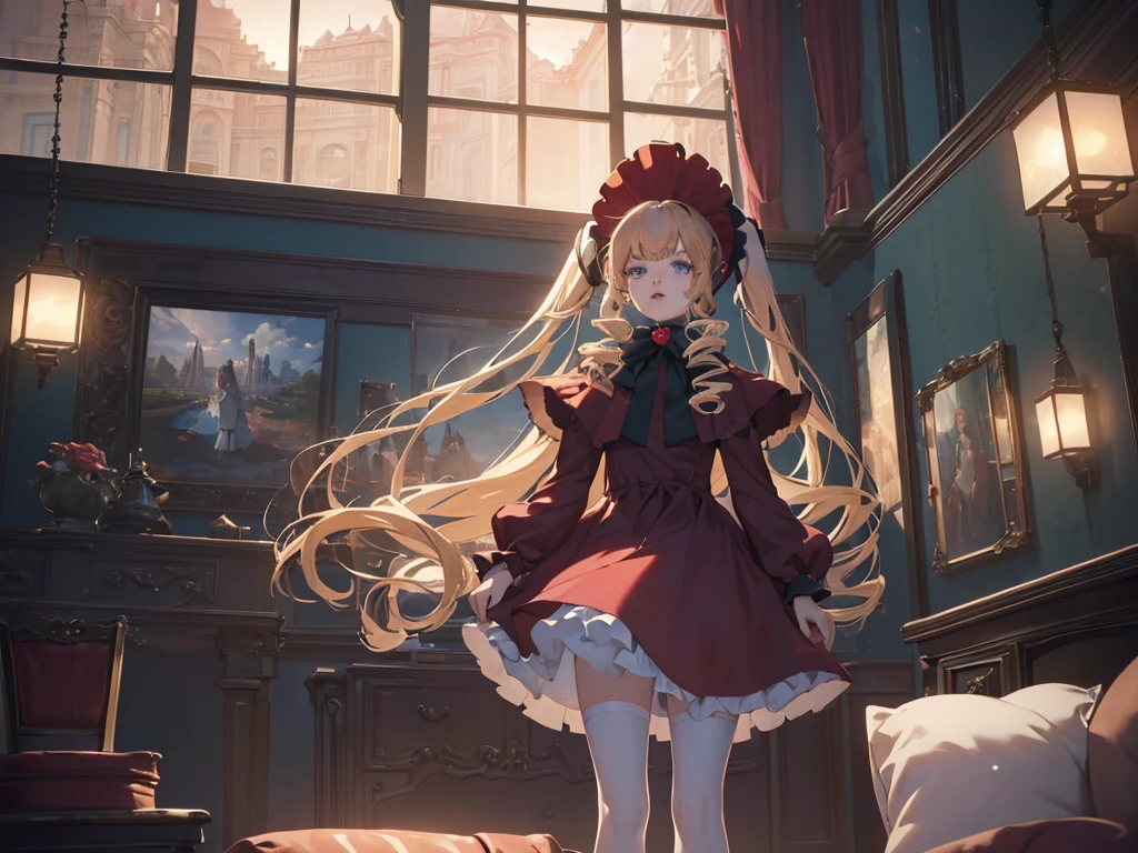 bonnet, red dress,white pantyhosecup, black footwear, (masterpiece, Absurd quality, Highest quality, Official Art, beautifully、aesthetic:1.2), 16K, Cute girl, Very detailed, Digital Art, colorful, Most detailed, Bright colors, (Conversion Sequence), , Cinema Lighting, (From below:1.5), Dynamic Angle, landscape, scenery, (difficult:1.5), (One girl:1.5), (indoor:1.5), Bedroom, lamp, (Hotel Rooms:1.3), (Very detailed lips:1.3), eyelash, Very detailed顔, (Perfect Legs, Perfect hands, Perfect Anatomy:1.1), Depth of written boundary, Speckled sunlight, Beautiful lighting, Little,