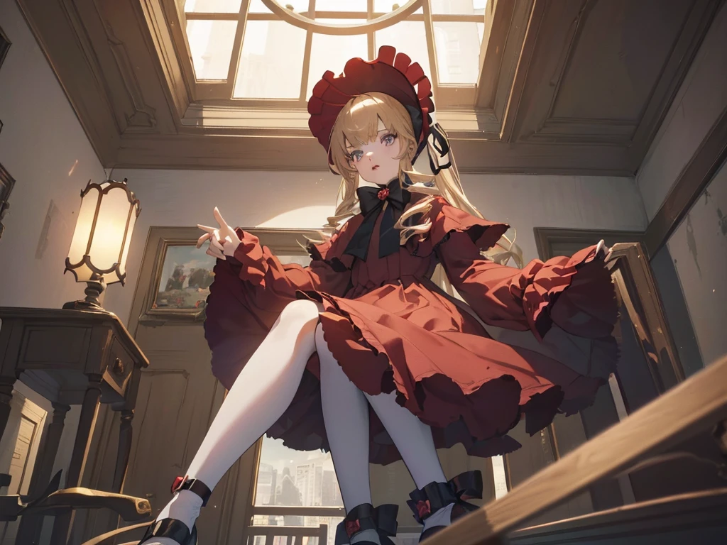 bonnet, red dress,white pantyhosecup, black footwear, (masterpiece, Absurd quality, Highest quality, Official Art, beautifully、aesthetic:1.2), 16K, Cute girl, Very detailed, Digital Art, colorful, Most detailed, Bright colors, (Conversion Sequence), , Cinema Lighting, (From below:1.5), Dynamic Angle, landscape, scenery, (difficult:1.5), (One girl:1.5), (indoor:1.5), Bedroom, lamp, (Hotel Rooms:1.3), (Very detailed lips:1.3), eyelash, Very detailed顔, (Perfect Legs, Perfect hands, Perfect Anatomy:1.1), Depth of written boundary, Speckled sunlight, Beautiful lighting, Little,