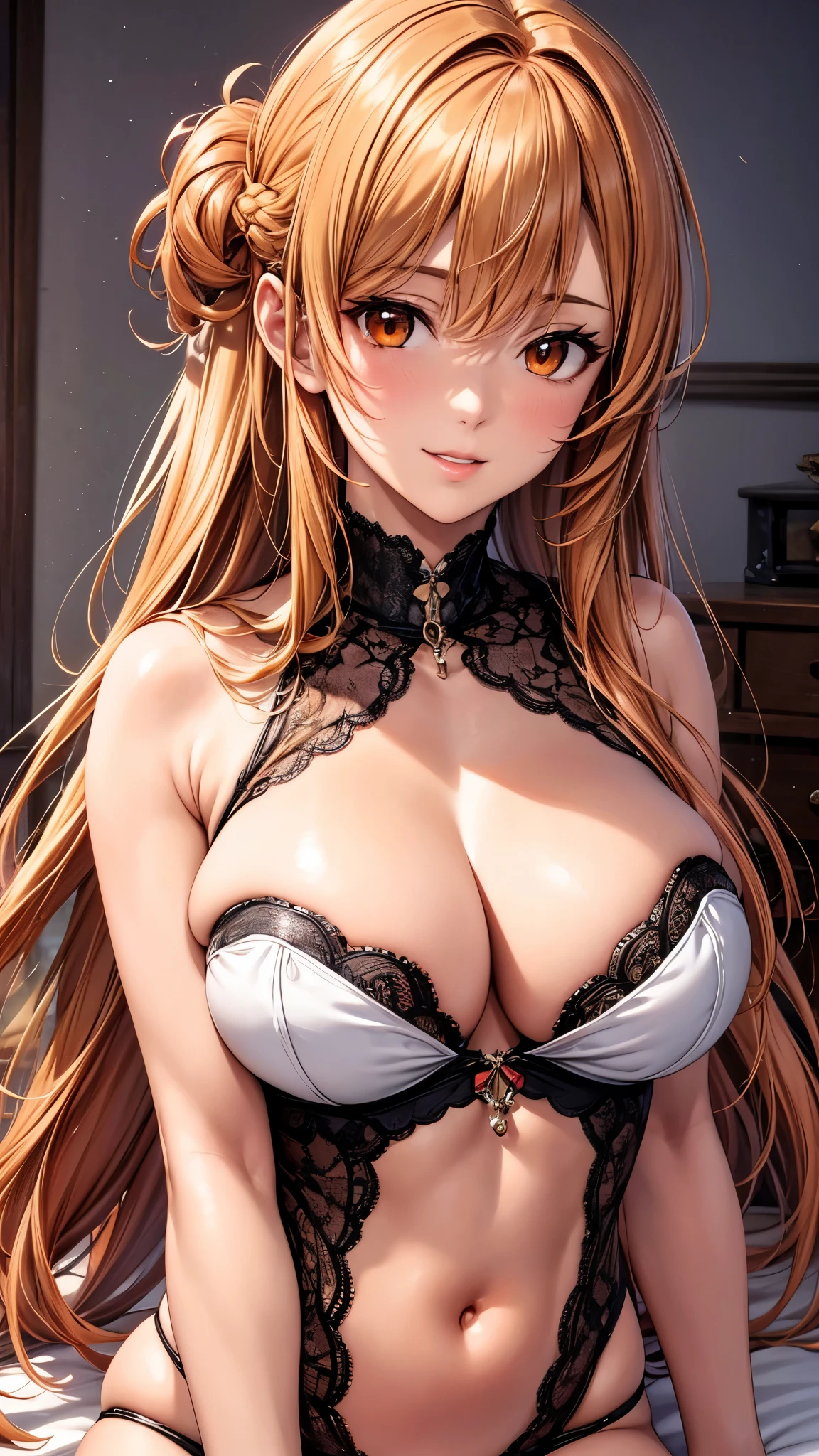 masterpiece,(Highest quality, High resolution, Realistic), (Upper Body:1.4),Portraiture, Elegant mature woman, Long Straight Hair,Crown Half Up,Orange eyes,Orange Hair, arms behind back,Aesthetic Anime Eyes,Large Breasts, Ultra-detailed CG 8k, Beautiful CG, Soft Light,smile,