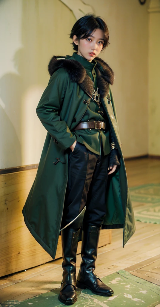 yuichiro hyakuya, (WithoutFear:1), 1 boy, black hair, green eyes, brown coat, gray armor, green shield, green cloak, dark brown gloves, town, white fur trim, anime, standing, good quality, portrait, looking at viewer