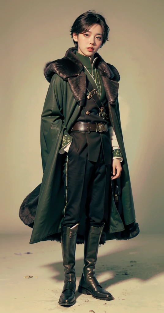 yuichiro hyakuya, (WithoutFear:1), 1 boy, black hair, green eyes, brown coat, gray armor, green shield, green cloak, dark brown gloves, town, white fur trim, anime, standing, good quality, portrait, looking at viewer