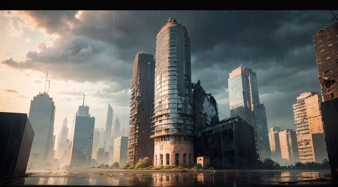 (((Artistic image, Half of the image (Surreal scene with a grand piano amongst collapsed walls, Covered grand piano, Dusty, com Teia de Araña), Half of the image ((Opening to abandoned night big city with skyscrapers in the rain), ((Rain in the city):1.5), (Deteriorating skyscraper), (limo, Rust and fragility of buildings), ( Skyscraper with silt), ( Rusty skyscraper), ((A profound precedent):1.5), Architectural details with soft lighting create a dreamy atmosphere, The piano is a symbol of timeless beauty in the midst of decadence., Digital painting with impressionist elements, High detail, Wide-angle shot, Add a bit of mystery to your composition))), (Path Trace), (cyber punk), (Post-apocalyptic), 16K, Ultra-high resolution, Highest quality, Maximum resolution, Surreal, Ultra-detailed